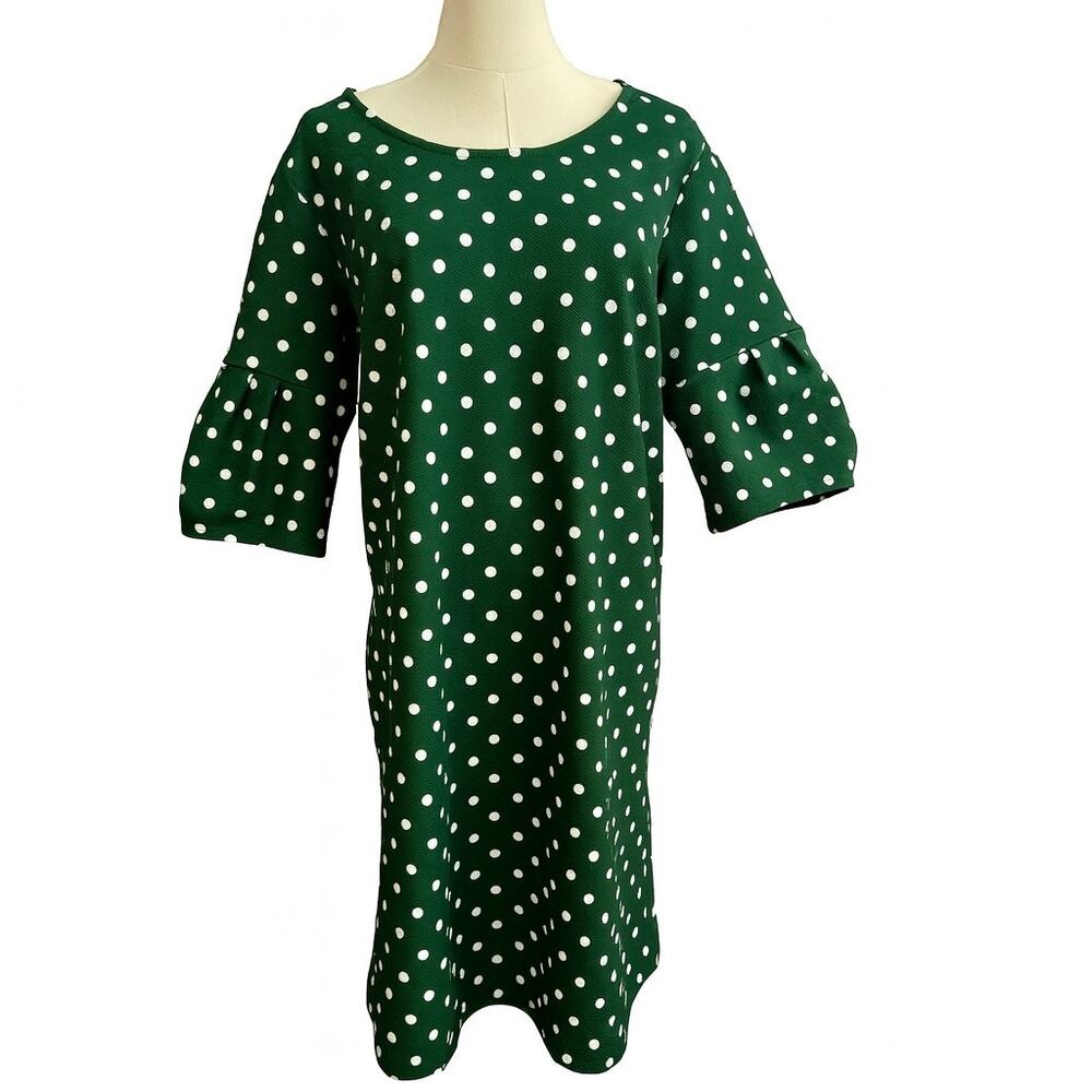 Agnes & Dora White & Green Polka Dot Bell Sleeve Shift Dress Retro Colorful - Picture 2 of 11